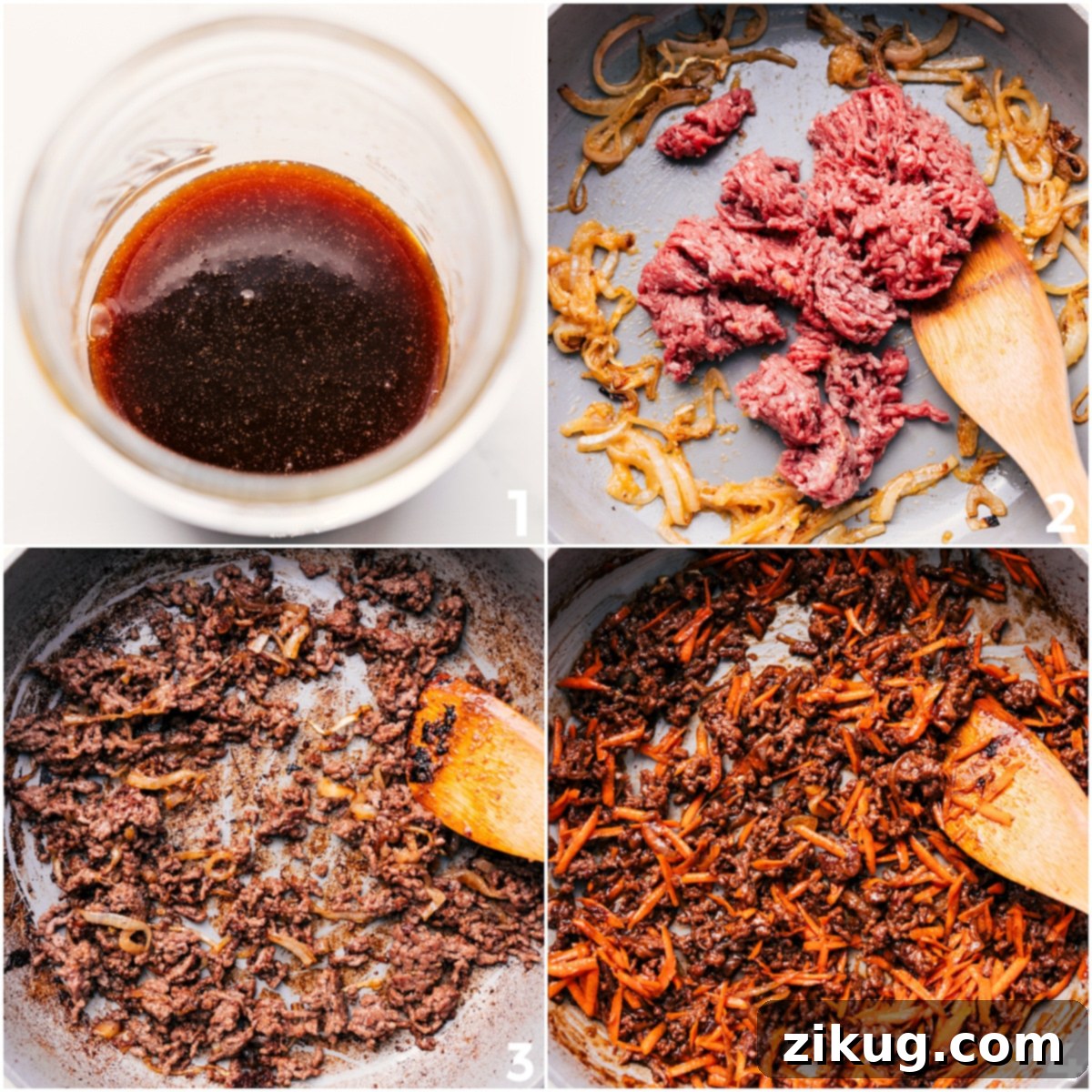 How To Prepare Quick Beef Noodle Bowls Ground beef being browned and onions sautéed in a pan, with the savory sauce about to be added to create the ultimate Beef Noodle Bowls.