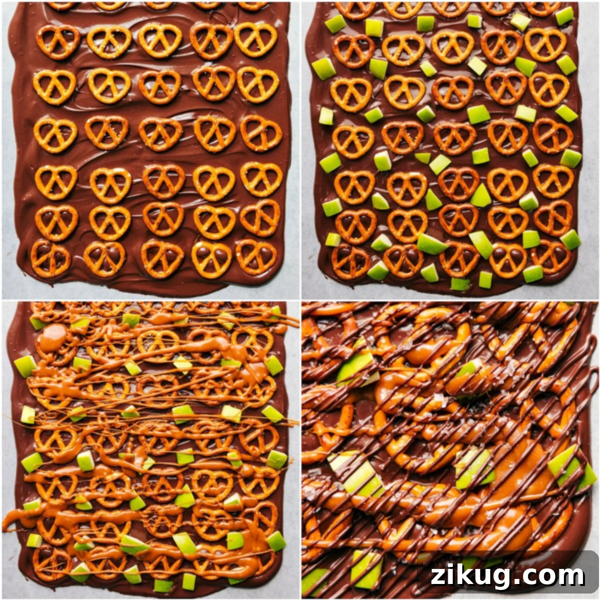 A baking sheet displaying Caramel Apple Bark in various stages of creation, with melted chocolate, crunchy pretzels, fresh apple pieces, and a luscious caramel drizzle.