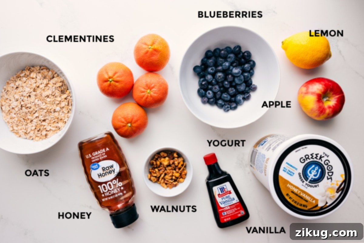Essential Ingredients for Princess Diana's Healthy Breakfast All the fresh and wholesome ingredients laid out for Princess Diana's Breakfast recipe: oats, honey, walnuts, clementines, blueberries, Greek yogurt, vanilla extract, lemon, and a crisp apple.