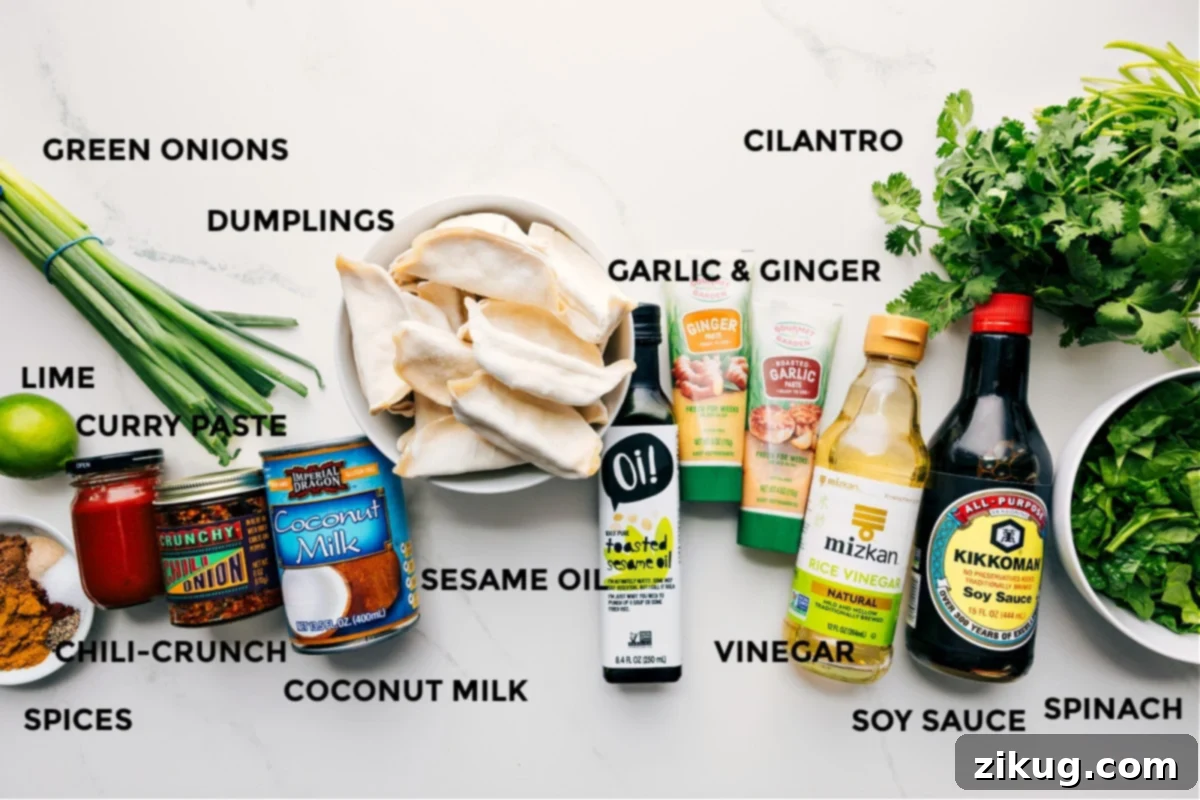 All the ingredients prepped for easy assembly including spices, lime, green onions, dumplings, chili crunch, curry paste, sesame oil, garlic, ginger, cilantro, vinegar, soy sauce, and spinach.