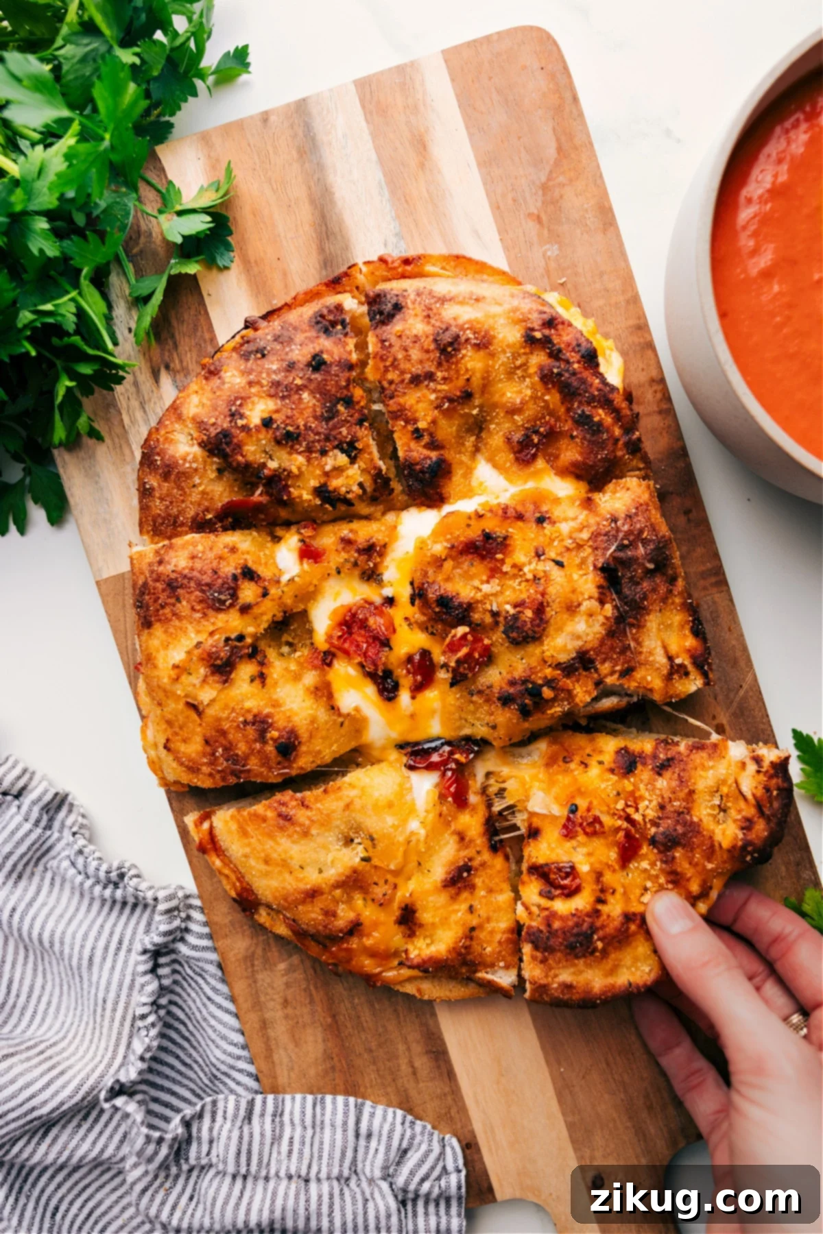 Trader Joe's Recipe: Gourmet Grilled Cheese on focaccia with a side of tomato soup.