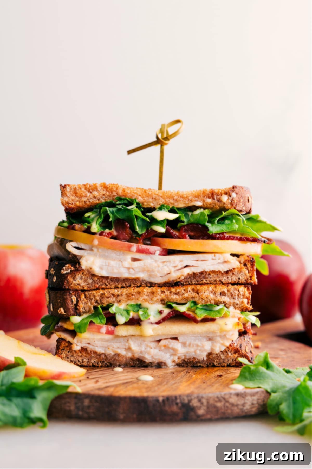 Turkey apple sandwich stacked on top of each other, made with Trader Joe's deli items.