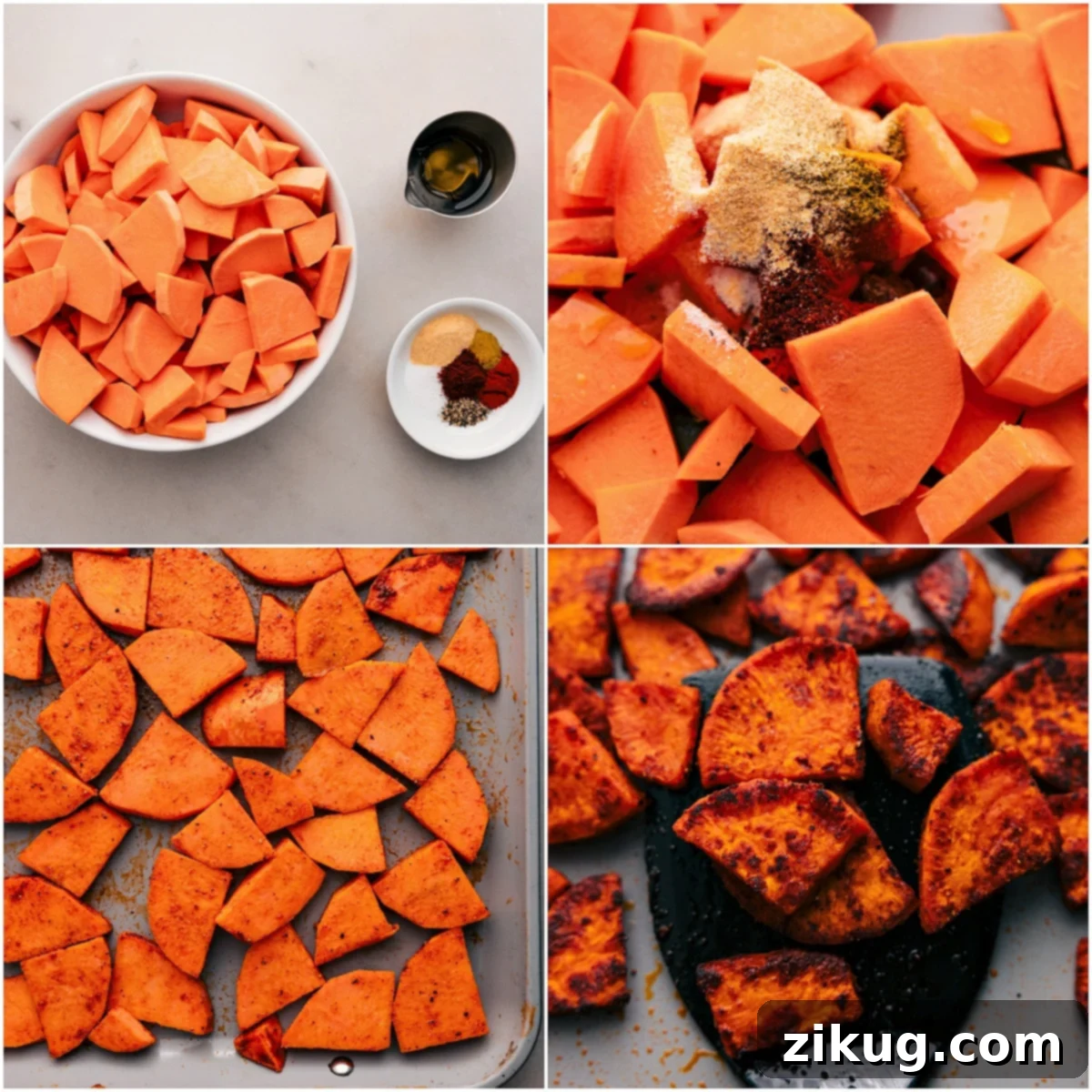 How To Make Roasted Sweet Potato For These Chicken Bowls Freshly chopped sweet potatoes, glistening with olive oil and a blend of aromatic seasonings, spread evenly on a baking sheet, ready for roasting to golden perfection.