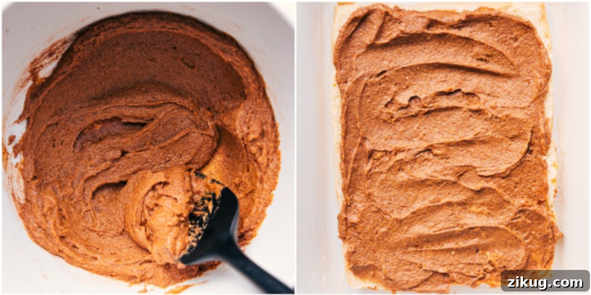 The filling mixture whipped together in a bowl and spread inside the rolls for these magic pumpkin cinnamon rolls.