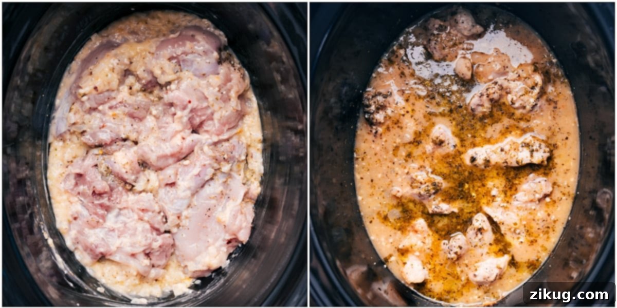 All the ingredients for Crockpot Marry Me Chicken added to the slow cooker to cook, showcasing the rich sauce and tender chicken.