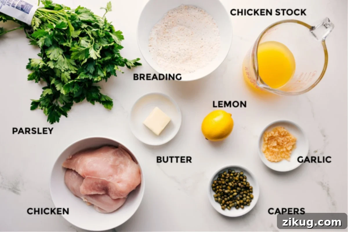 Fresh ingredients for Chicken Piccata including chicken breasts, flour, Parmesan, garlic, lemon, capers, butter, olive oil, chicken stock, and parsley.