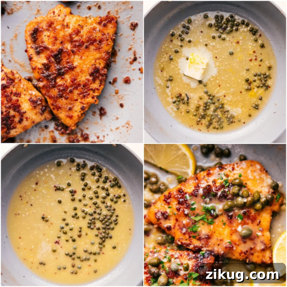 A close-up of golden-brown Chicken Piccata in a skillet, coated in the rich lemon butter sauce and garnished with fresh parsley.