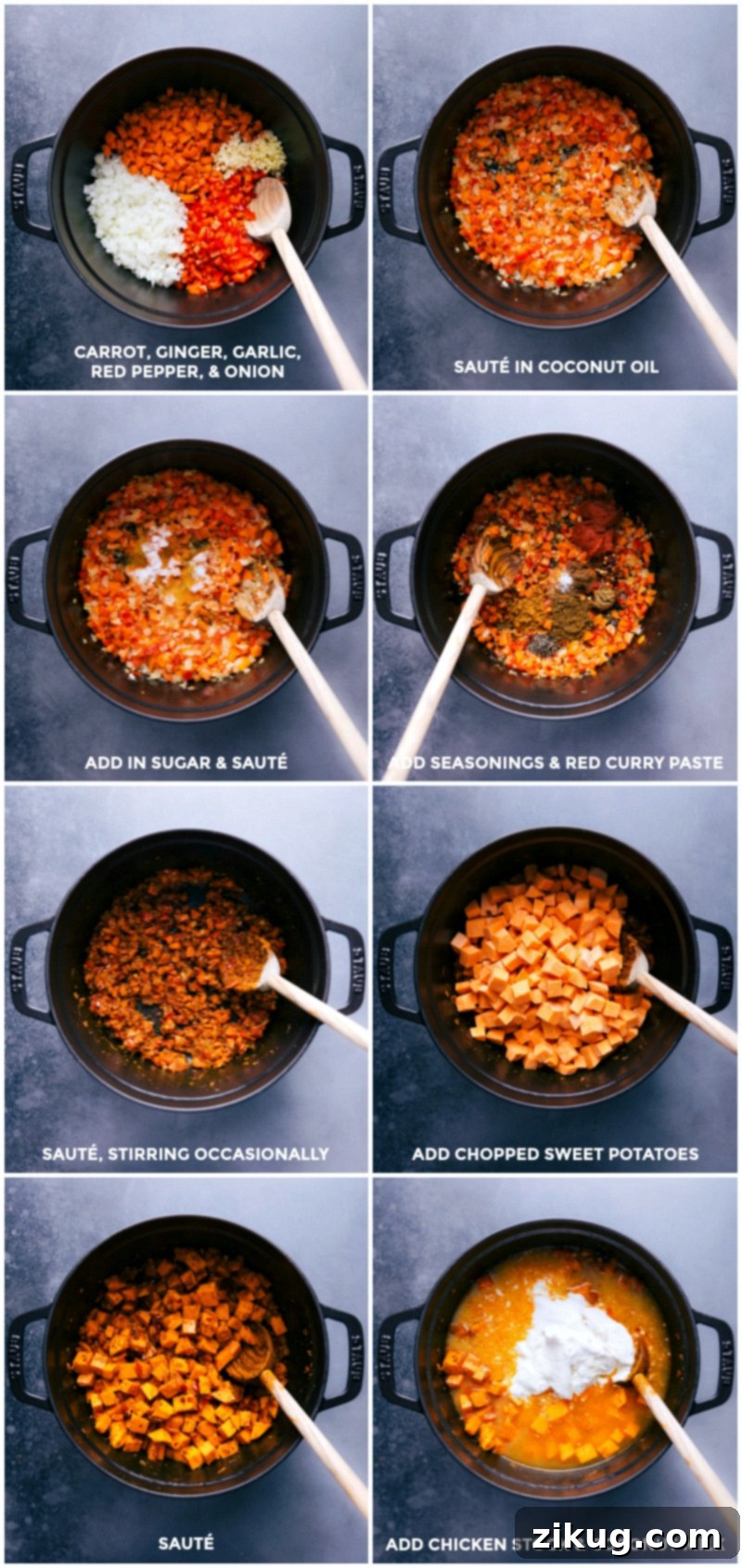 Browning Veggies in Coconut Oil; Adding Seasonings, Curry Paste, Sweet Potatoes, Chicken Stock, and Coconut Milk Brown the carrot, ginger, garlic, red pepper and onion in coconut oil; add sugar and sauté; Add seasonings and curry paste; add sweet potatoes and sauté; add chicken stock and coconut milk.