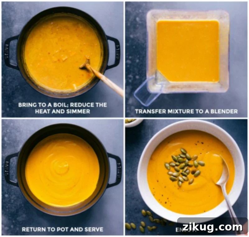 Simmering Sweet Potato Soup; Blending Until Smooth; Returning to Pot; Serving Warm and Inviting Simmering the sweet potato soup recipe until flavors meld; transferring to a blender and processing until smooth; returning the creamy mixture to the pot; ready to serve.