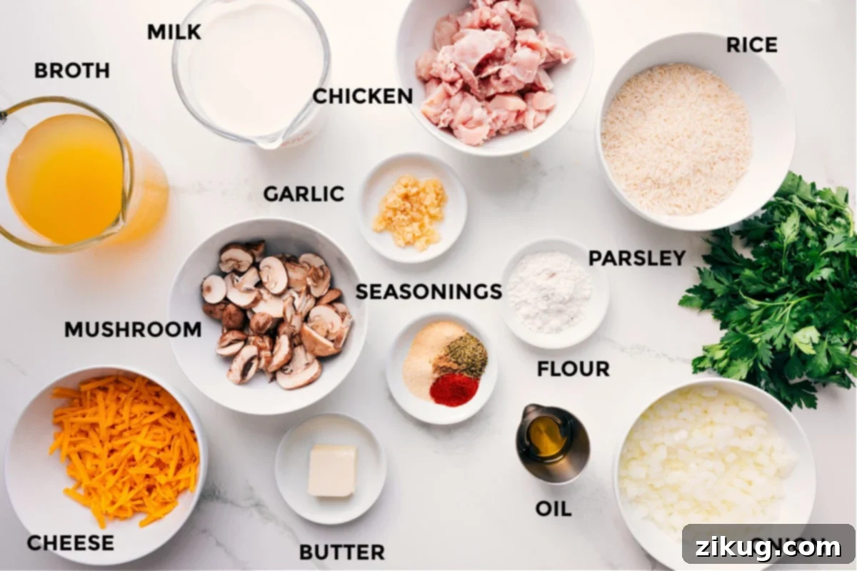 Ingredients for Smothered Chicken And Rice All the ingredients for Smothered Chicken and Rice laid out: broth, mushrooms, milk, chicken, garlic, seasonings, flour, parsley, rice, oil, butter, carrots, and onion.
