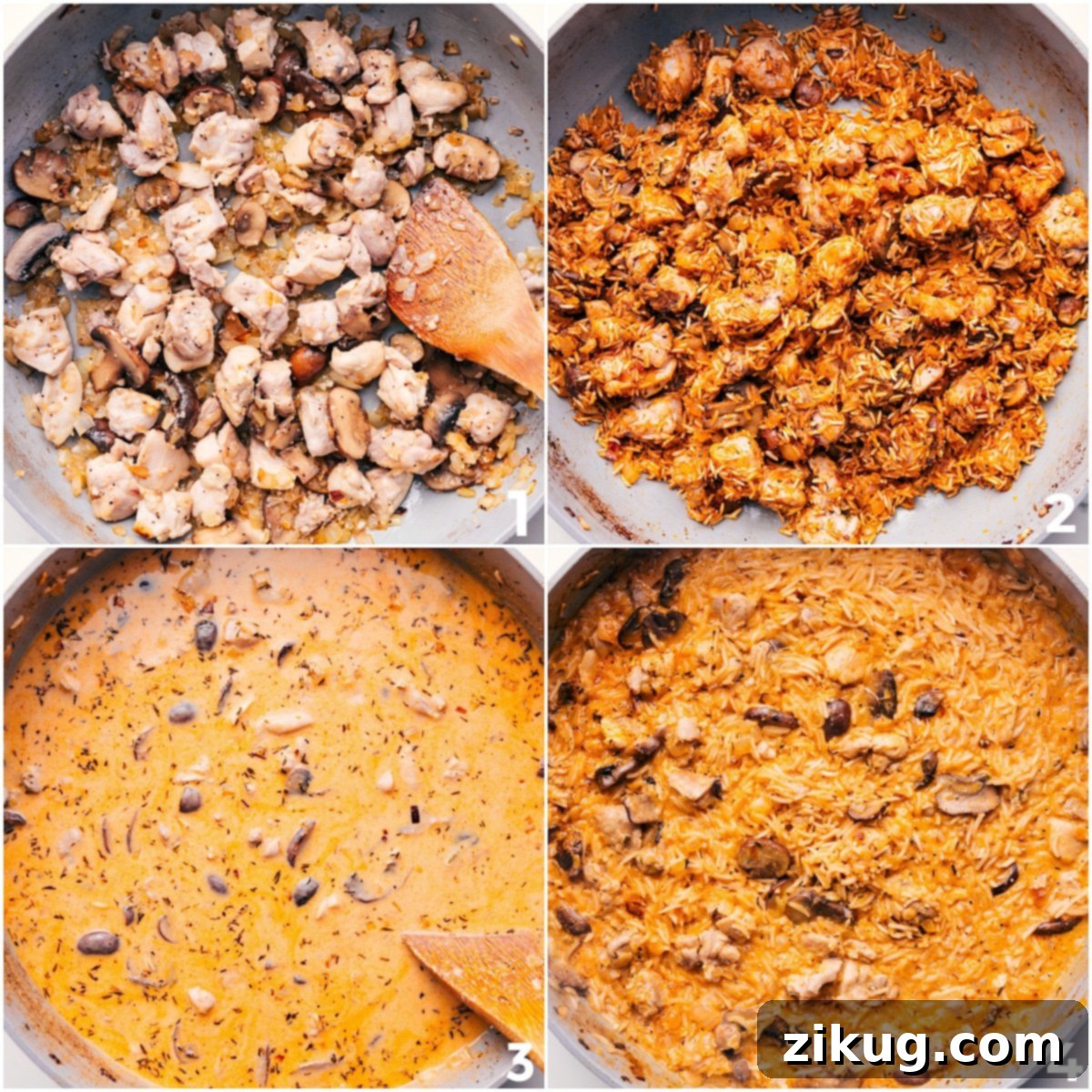 How To Make Smothered Chicken And Rice Chicken cooking with onions and mushrooms in a skillet, with rice and broth added for Smothered Chicken and Rice.