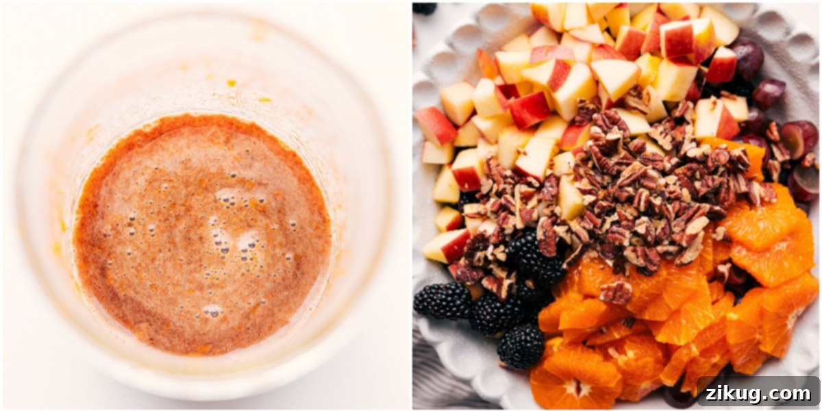 Taste Of Fall Produce In This Fall Fruit Salad Recipe The vibrant maple-cinnamon citrus dressing mixed together in a mason jar, next to a large bowl filled with colorful, chopped salad ingredients, ready to be combined for this fresh and flavorful fall fruit salad.