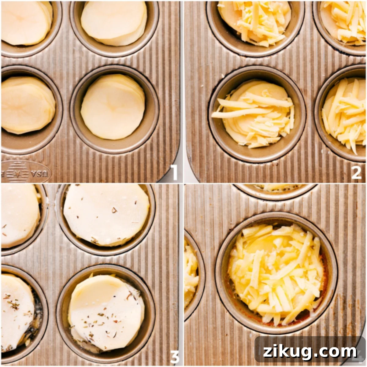 Simple Steps: How To Make Perfect Potato Stacks Recipe Thinly sliced russet potatoes carefully layered in a buttered muffin tin, interspersed with rich cream, grated Gruyere cheese, aromatic garlic, and fresh thyme, preparing for baking.