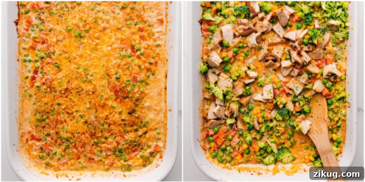 How To Make Chicken Orzo Bake A visual progression of making Chicken Orzo Bake: showing ingredients mixed in a casserole dish, then baked to creamy perfection, and finally, finished with chicken, finely diced broccoli, and extra cheese stirred in for ultimate flavor and texture.