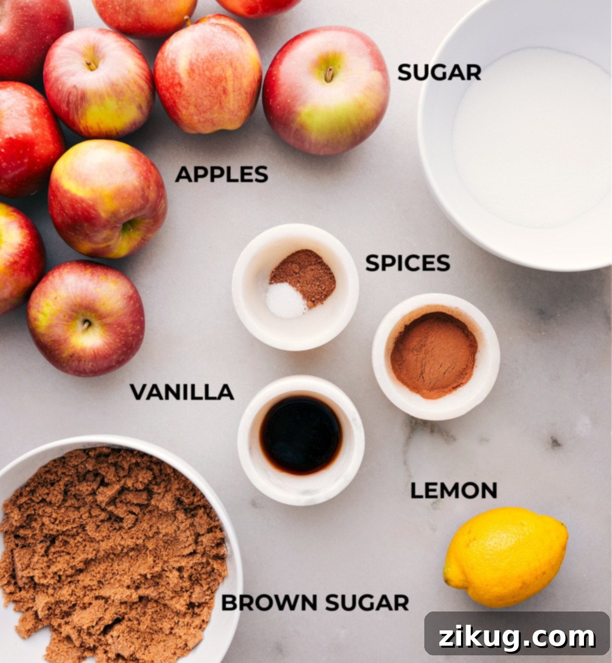 Assorted ingredients spread out, including fresh Fuji and Honeycrisp apples, various spices, vanilla extract, and granulated sugar, ready for making slow cooker apple butter.