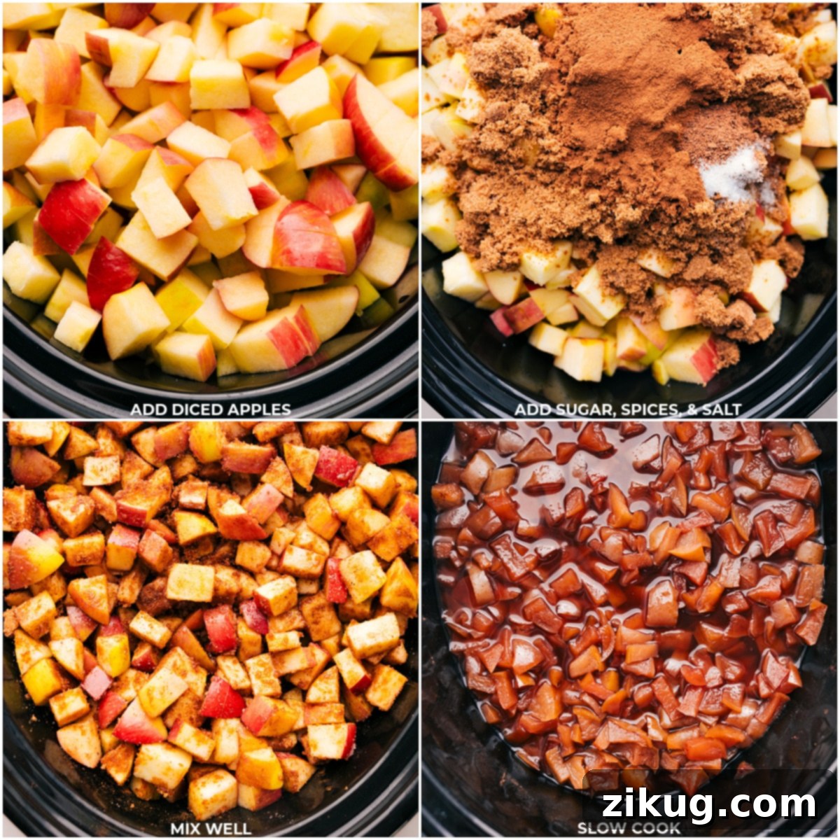 Ingredients including fresh apples, spices, vanilla, and sugar, being added to a slow cooker for simmering into apple butter.
