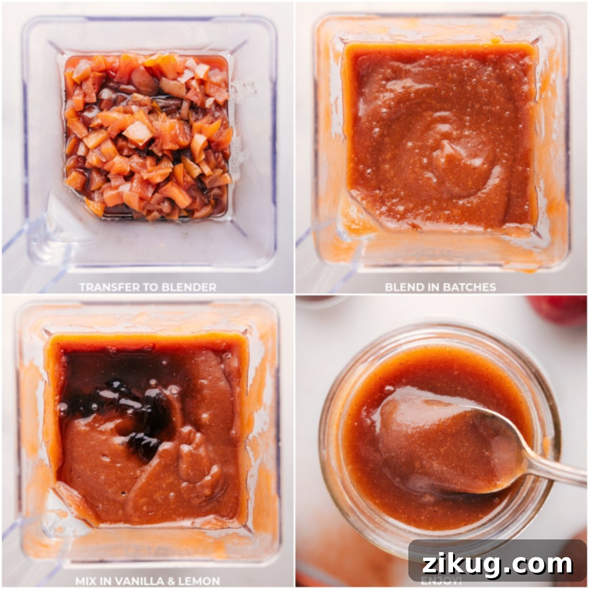 Blending batches of cooked apple mixture until smooth, with a final shot of the creamy crockpot apple butter ready to be enjoyed.