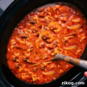 Delicious Crockpot Lasagna Soup in a bowl, ready to be served.