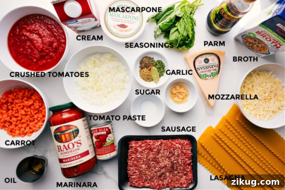 Ingredients for Crockpot Lasagna Soup All the essential ingredients for Crockpot Lasagna Soup, neatly prepped and ready for cooking. Includes fresh tomatoes, various vegetables, marinara sauce, tomato paste, savory Italian sausage, a blend of seasonings, creamy mascarpone, rich heavy cream, grated Parmesan, shredded mozzarella, lasagna noodles, wholesome chicken broth, and vibrant fresh herbs.