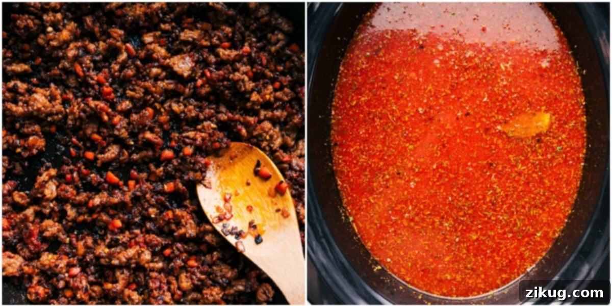 How To Make This Easy Crockpot Lasagna Soup Recipe Perfectly browned Italian sausage being added to the slow cooker, ready to combine with the rich blend of ingredients for Crockpot Lasagna Soup.