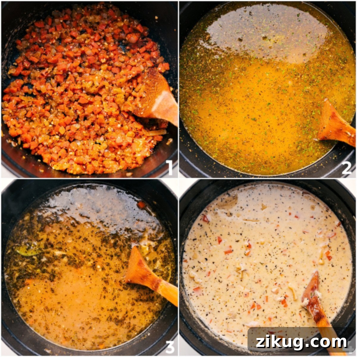 How to Make White Chicken Lasagna Soup at Home Finely diced onions and carrots sautéing in a large pot, the foundational step for White Chicken Lasagna Soup, followed by broth and noodles.