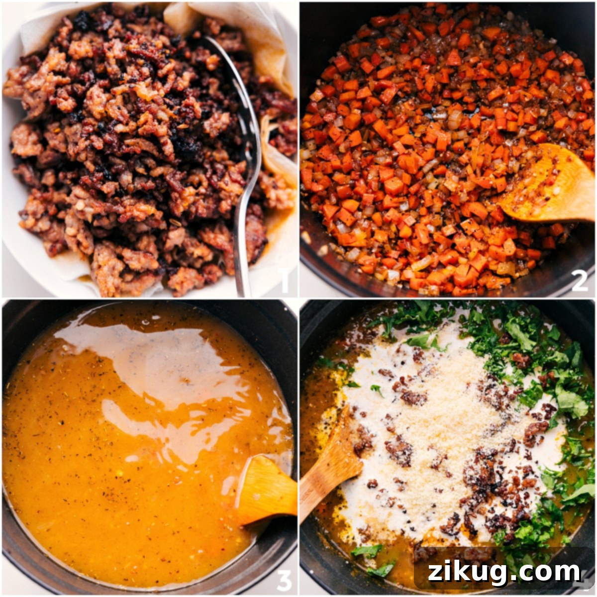 How To Make Creamy Parmesan Italian Sausage Soup Step by Step Visual Guide A step-by-step visual sequence for making creamy Parmesan Italian sausage soup: first, the sausage is browned; then, vegetables are sautéed; finally, all ingredients simmer together before cream, kale, Parmesan, and sausage are returned for a rich, creamy finish.
