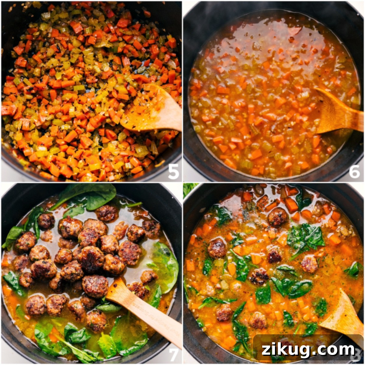 A Bowl of Flavor Packed Italian Wedding Soup Recipe Vibrant vegetables gently sautéing in a large pot, transitioning to a rich simmer with broth, before the addition of perfectly cooked meatballs and fresh spinach to create a flavorful Italian Wedding Soup Recipe.