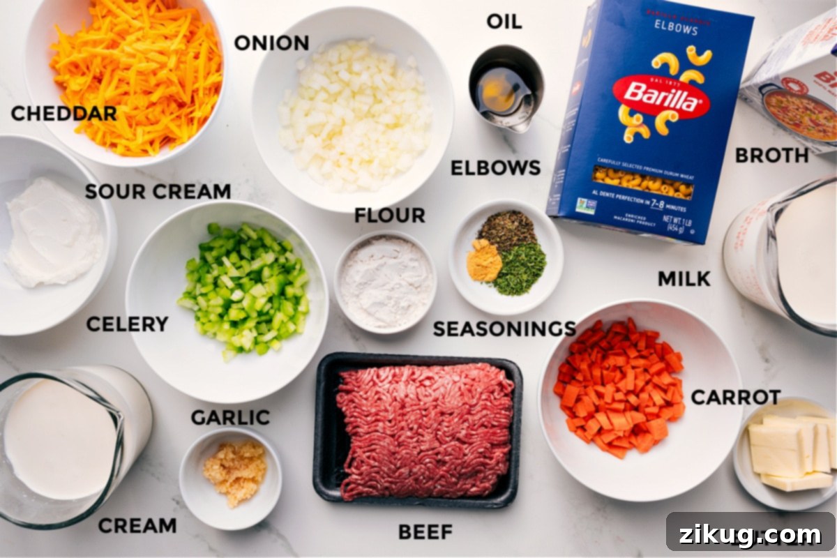 All the ingredients for this recipe prepped and ready for easy assembly, including sour cream, cream, cheddar, onion, celery, garlic, flour, ground beef, seasonings, oil, carrot, milk, butter, pasta, and broth.