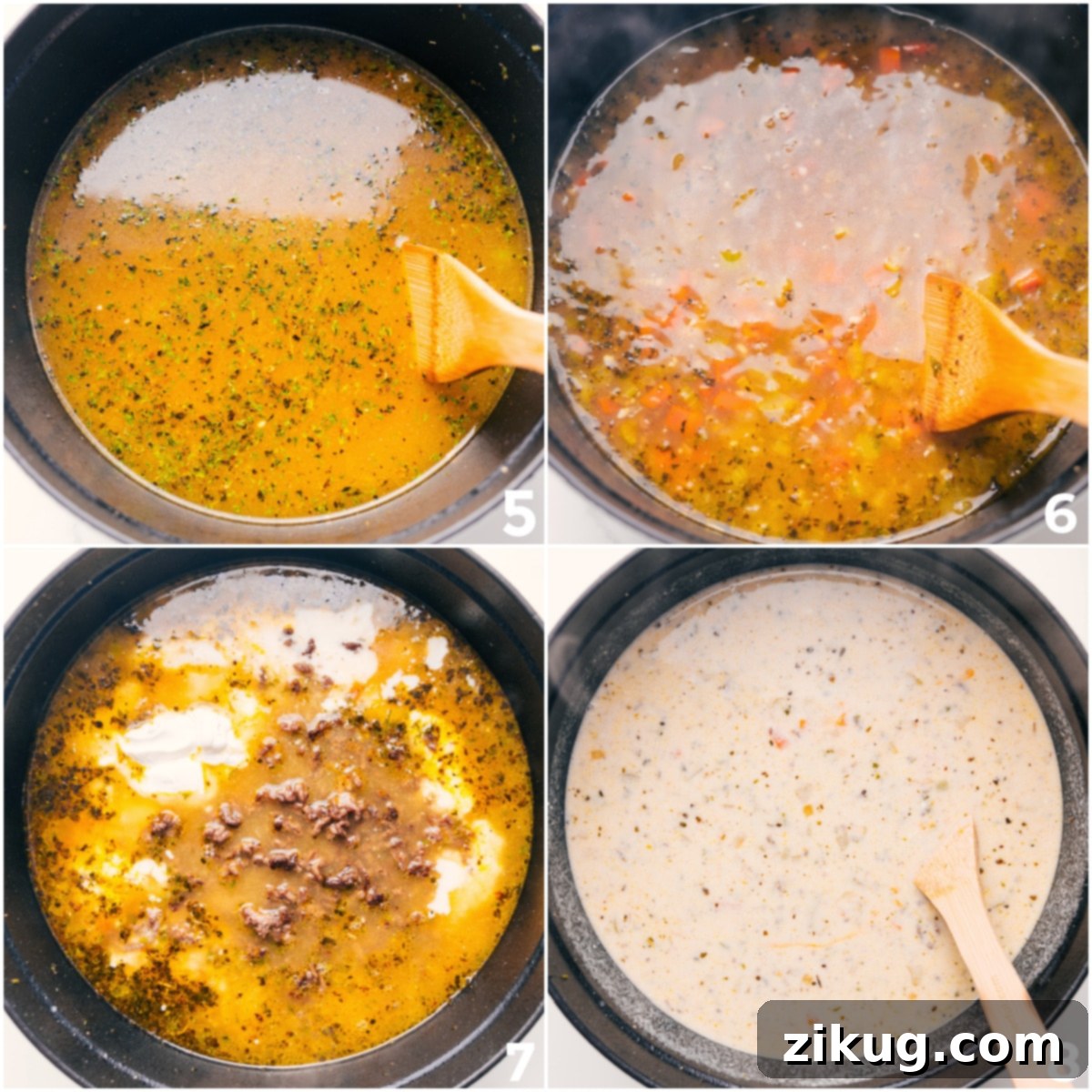 The broth and pasta added to the pot, followed by the creamy mixture and cooked beef, coming together into a rich and flavorful recipe.
