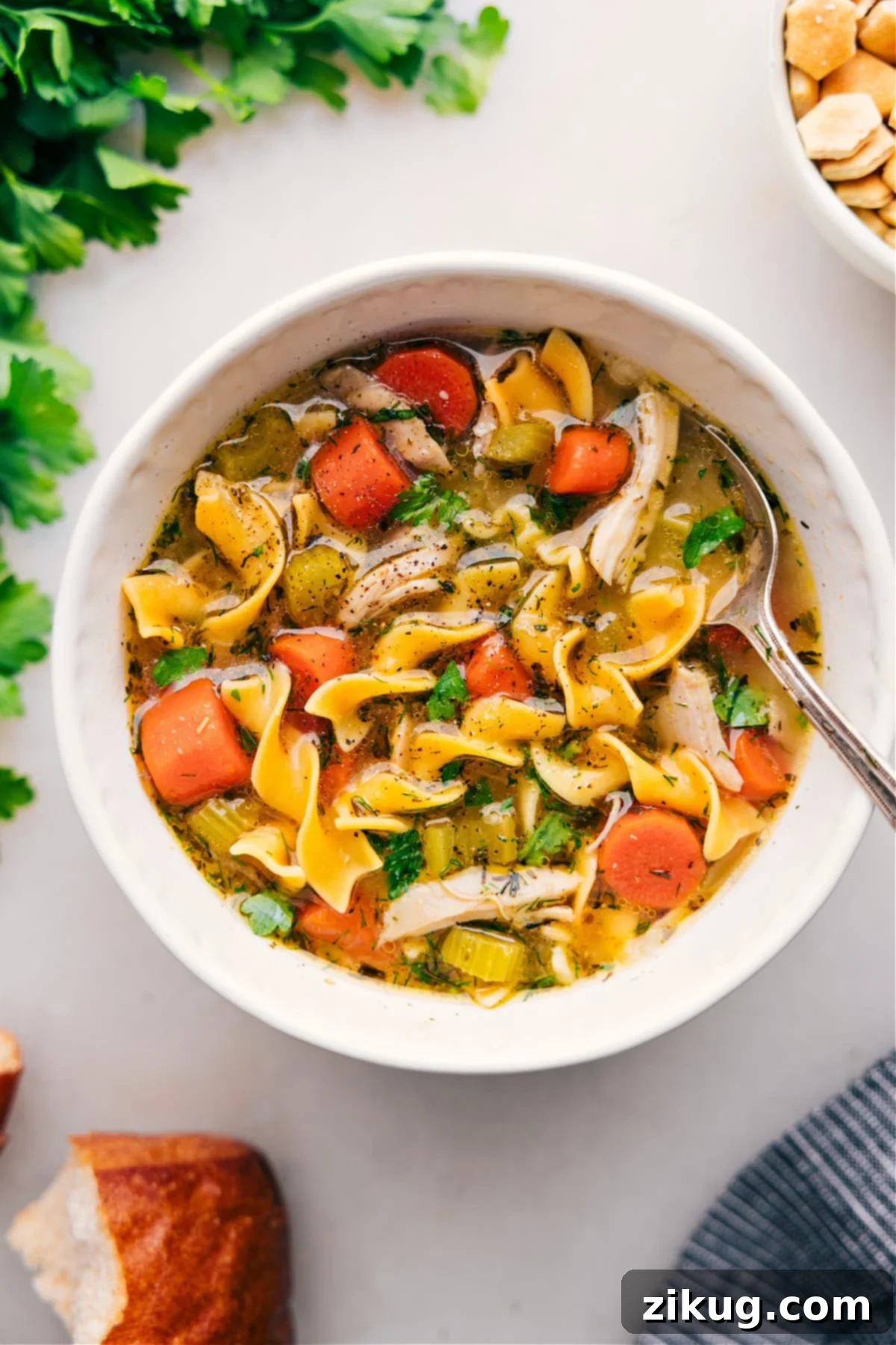 The Best Chicken Noodle Soup A steaming bowl of the best homemade chicken noodle soup, garnished with fresh herbs, ready to be enjoyed.