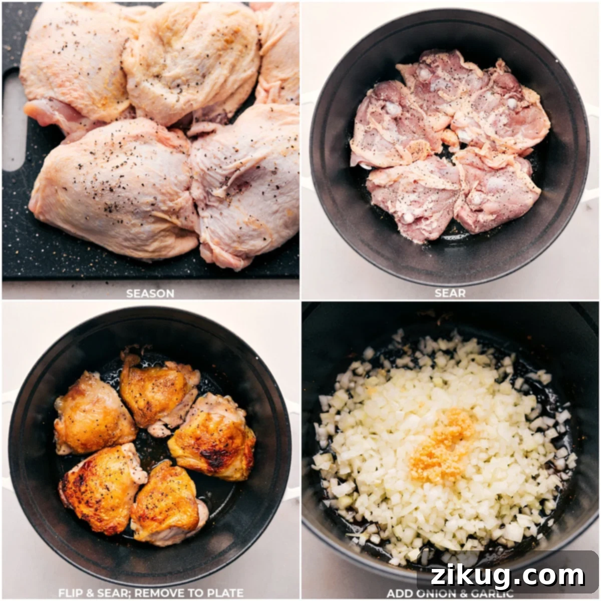 Our Favorite Chicken Noodle Soup Cooking Process A step-by-step image showing chicken thighs being seared in a Dutch oven, followed by onions and garlic being sautéed in the same pot, building layers of flavor.