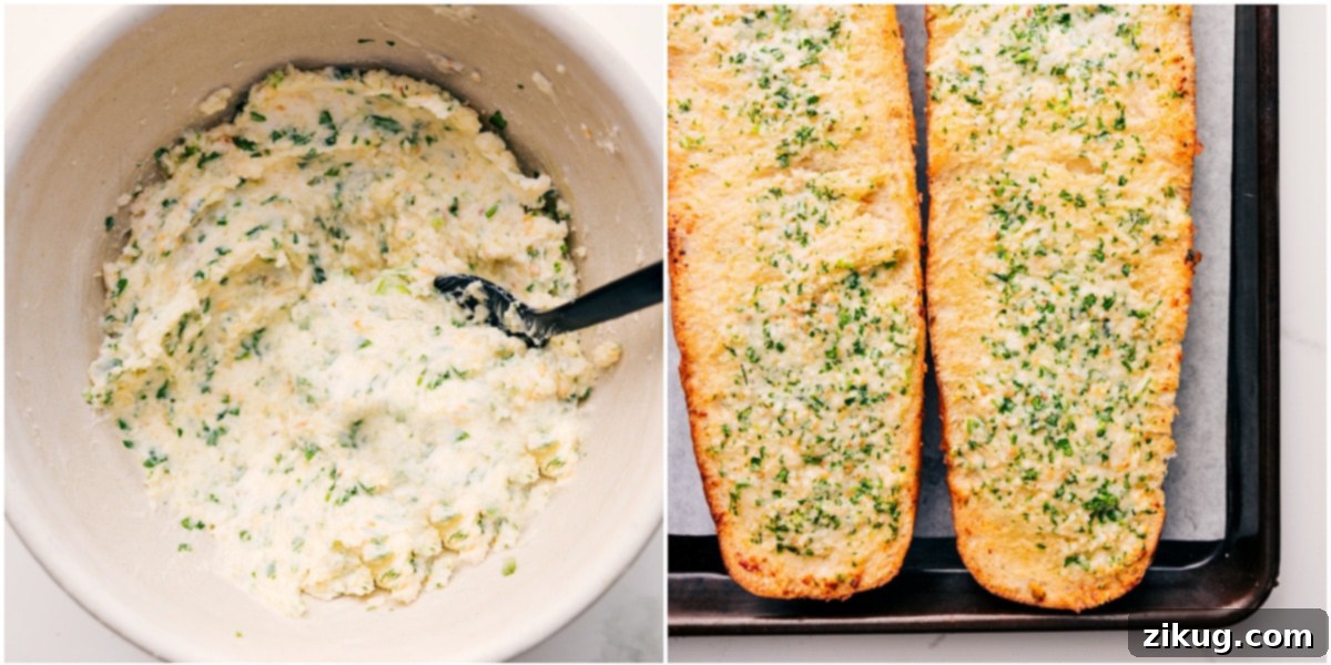 How To Make Garlic Bread Recipe Garlic Parmesan butter mixture in a bowl, thoroughly mixed and ready to be spread over French bread halves before baking.