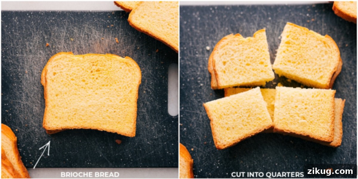 Cozy Classic Bread Pudding 3 Brioche bread slices meticulously cut into uniform quarters, ready to be soaked in the rich custard for the bread pudding.