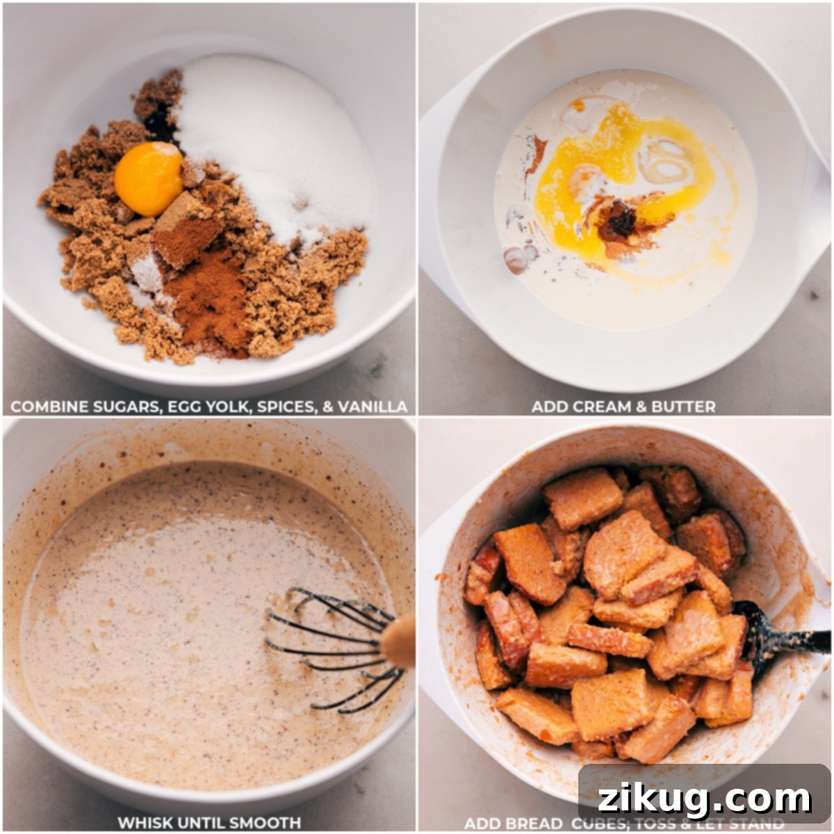 Cozy Classic Bread Pudding 4 Wet and dry ingredients for bread pudding are meticulously combined in a large glass bowl, being whisked until smooth. Next to it, cubed bread is added and gently tossed, ensuring each piece is thoroughly coated in the rich custard, preparing it for baking.