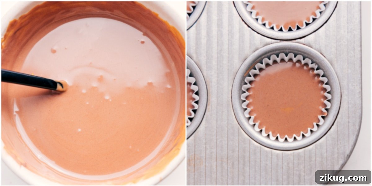 Step-by-Step Guide: How To Make Peanut Butter Meltaways All the melted ingredients for these peanut butter meltaways combined in a bowl, then being poured into mini measuring cups for easy filling and hardening.
