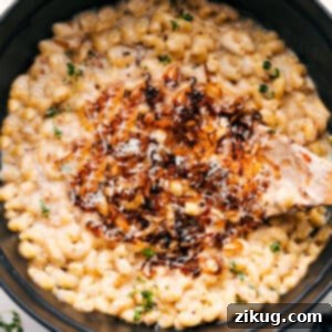 French Onion Mac And Cheese in a bowl, garnished with fresh parsley.