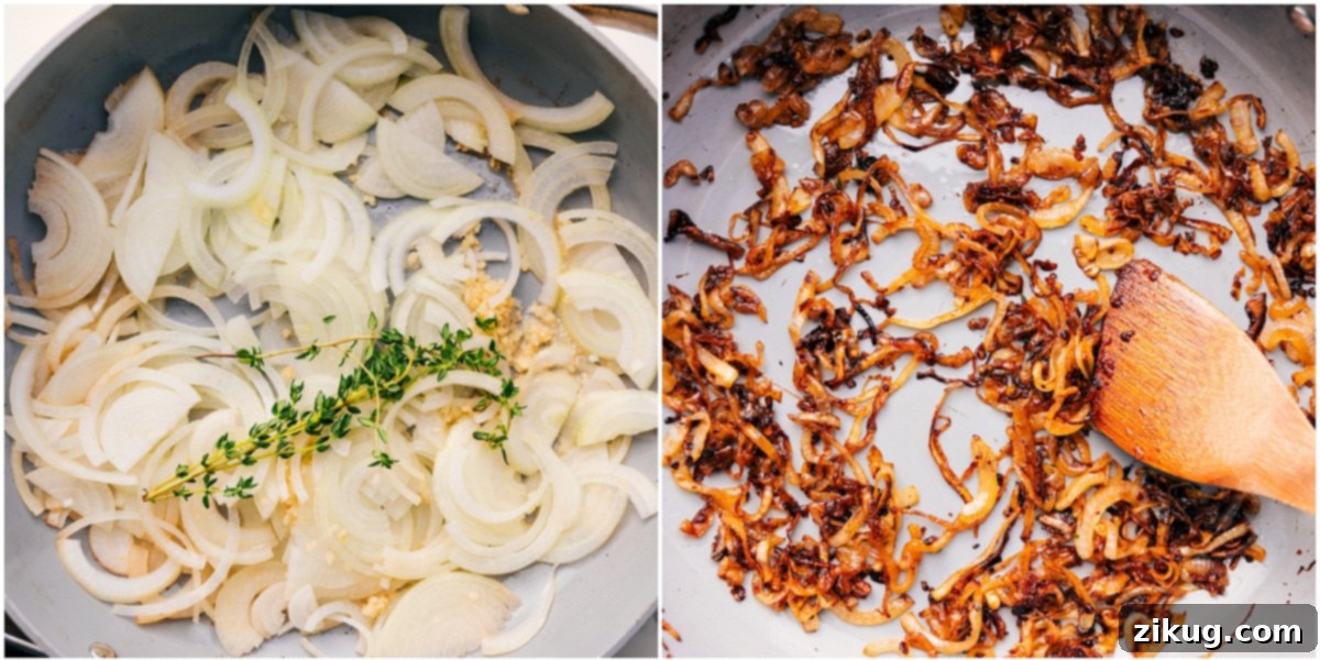 Mastering Caramelized Onions for French Onion Mac And Cheese A skillet of thinly sliced onions cooking low and slow until deeply caramelized, the essential first step for French onion mac and cheese.