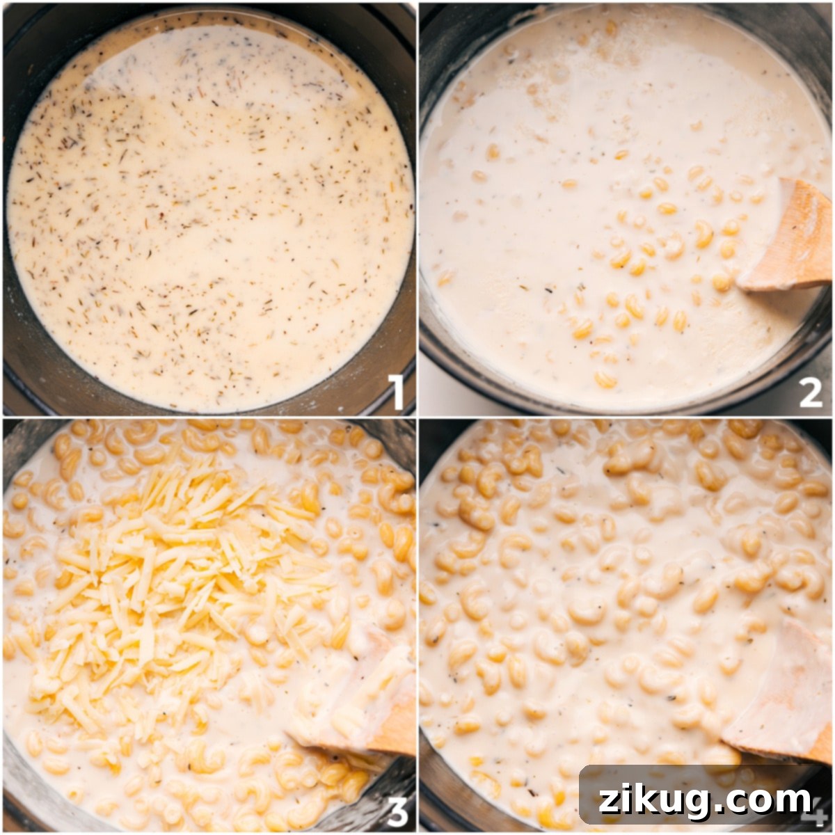 The Cooking Process of French Onion Mac And Cheese Elbow macaroni pasta simmering in a creamy béchamel sauce, just before the cheeses are added to create French Onion Mac And Cheese.