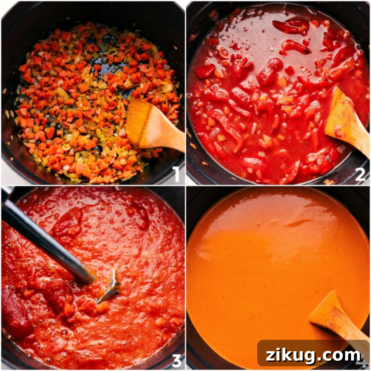 How To Make Roasted Red Pepper Gouda Soup Sautéed veggies with tomatoes, broth, and roasted red peppers blending together in the pot for roasted red pepper gouda soup.