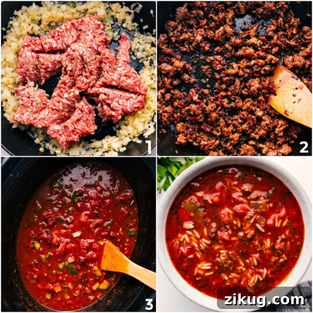 How To Prepare Crockpot Stuffed Pepper Soup Step-by-step process of making Crockpot Stuffed Pepper Soup: browning sausage and onions in a pan, then transferring them with all other ingredients into a slow cooker to simmer.
