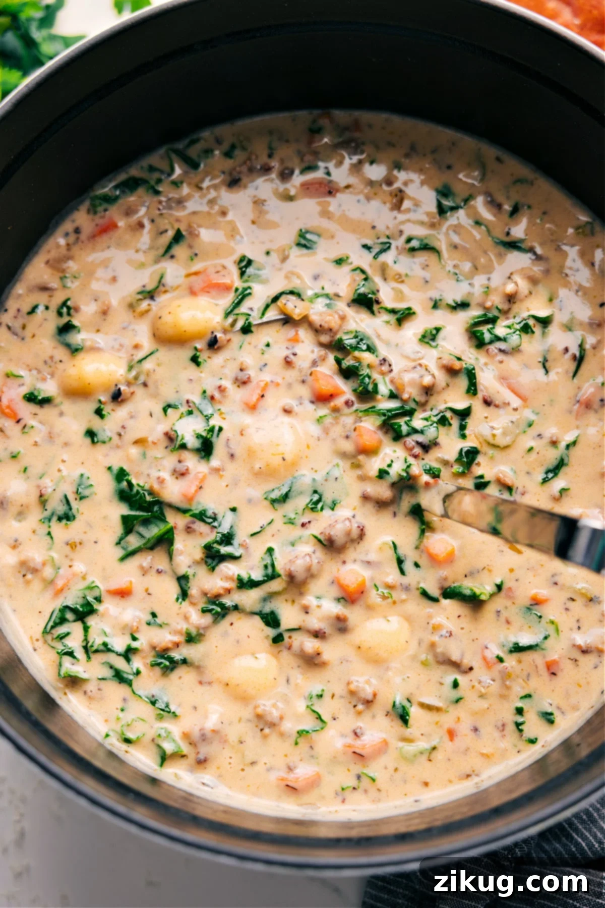 Creamy Sausage Gnocchi Warmth 2 A steaming bowl of creamy Sausage Gnocchi Soup, garnished with fresh herbs.
