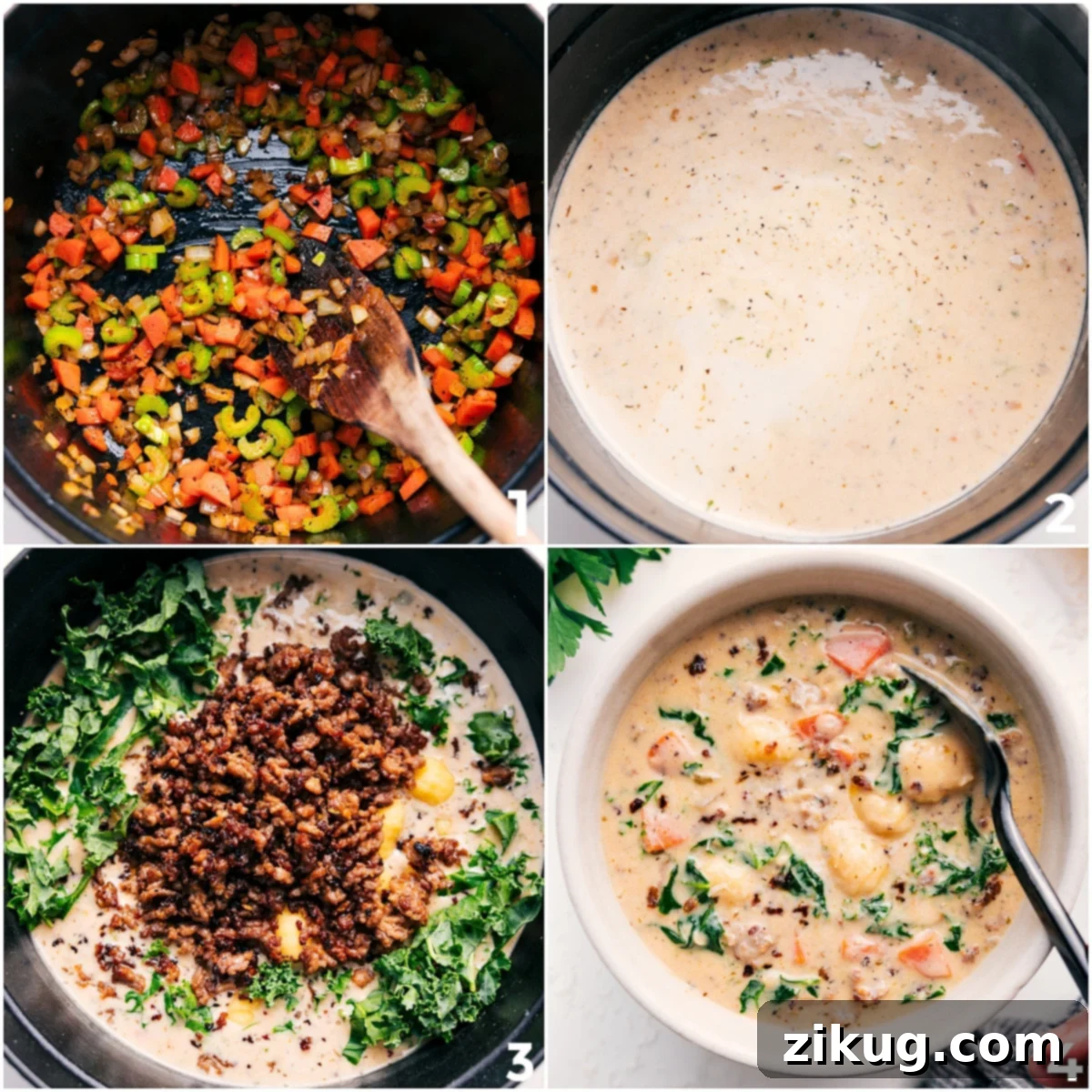 How To Make Sausage Gnocchi Soup Step-by-step images showing vegetables sautéing, creamy base simmering, then sausage and kale stirred in for sausage gnocchi soup.