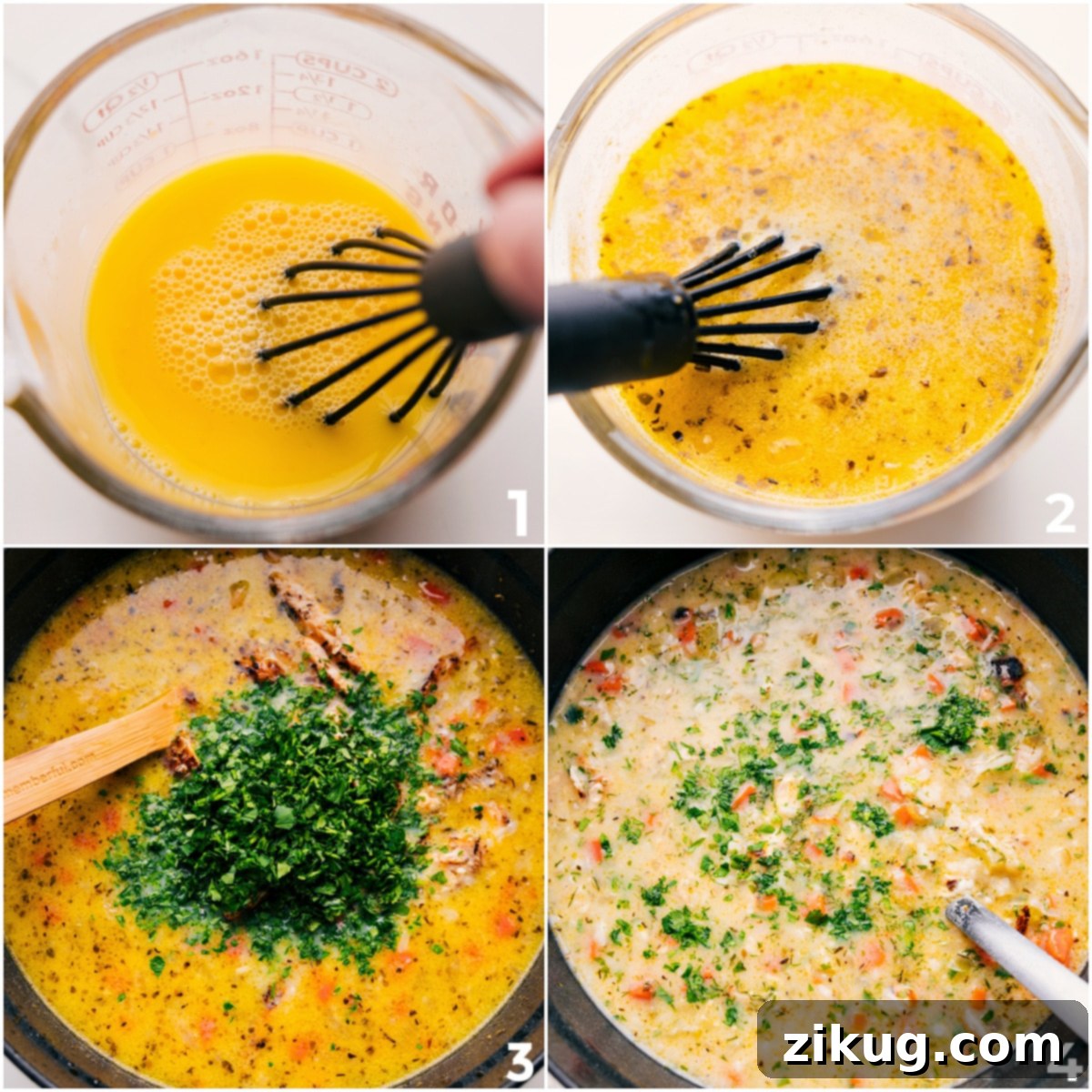 The Art of Avgolemono: Perfecting the Egg-Lemon Emulsion The critical stage of adding the expertly tempered egg and lemon mixture to the simmering chicken and rice soup, gently stirring to create the signature creamy, dairy-free Avgolemono broth, enhanced with fresh herbs.