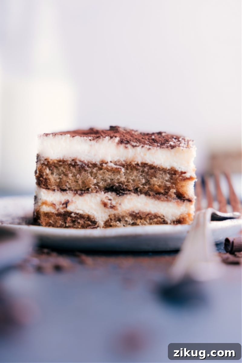 No Bake Tiramisu Recipe That Tastes Like It Came Straight From Italy A beautiful slice of Tiramisu on a white plate, showcasing its distinct layers.