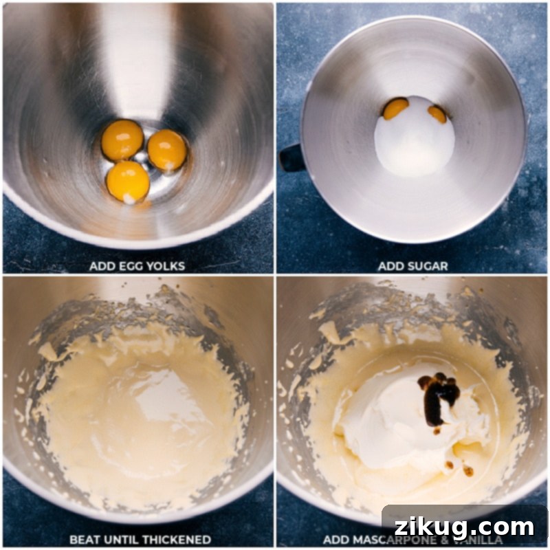 How To Make This Tiramisu Recipe The process of making tiramisu, showing egg yolks and sugar being beaten, followed by the addition of mascarpone and vanilla.