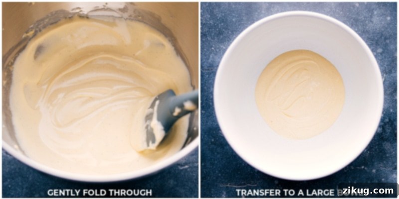 Making The Cream Layer For Tiramisu The finished cream mixture for the Tiramisu being transferred to a serving bowl, showcasing its smooth texture.