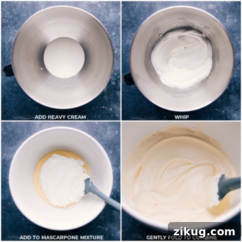 Adding Whipped Cream To The Cream Layer The process of whipping heavy cream and then adding it to the mascarpone mixture for the Tiramisu recipe.
