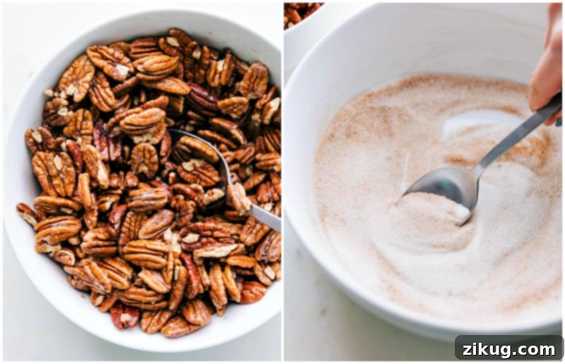 Simple Candied Pecans Recipe A bowl of fresh pecan halves coated in a frothy egg white mixture, ready to be tossed with the sugar and spice blend for the candied pecans recipe.