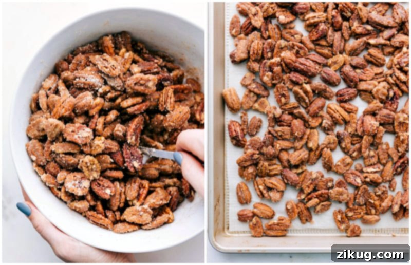Baking Pecans To Get That Crisp And Delicious Texture Freshly coated pecans with sugar and spices, spread in a single layer on a parchment-lined baking sheet, ready for baking to achieve a crisp and delicious texture.