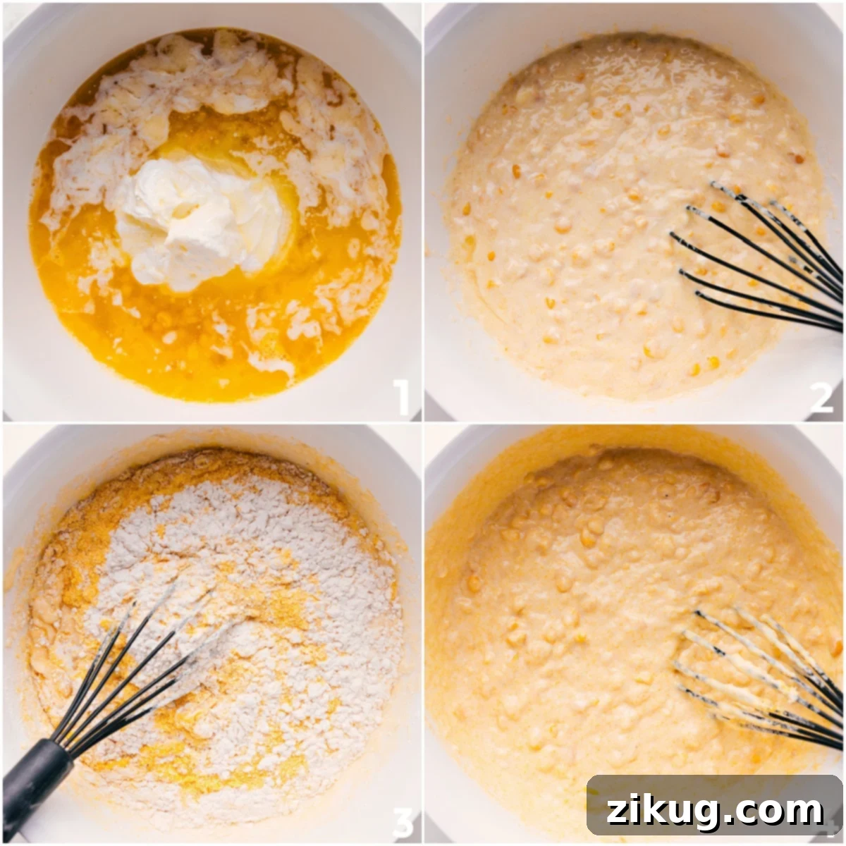 Step-by-Step Corn Pudding Recipe Guide All the ingredients for this corn pudding casserole are perfectly combined in a large mixing bowl, whisked together until smooth and uniform, ready to be poured into the baking dish and baked to golden perfection.
